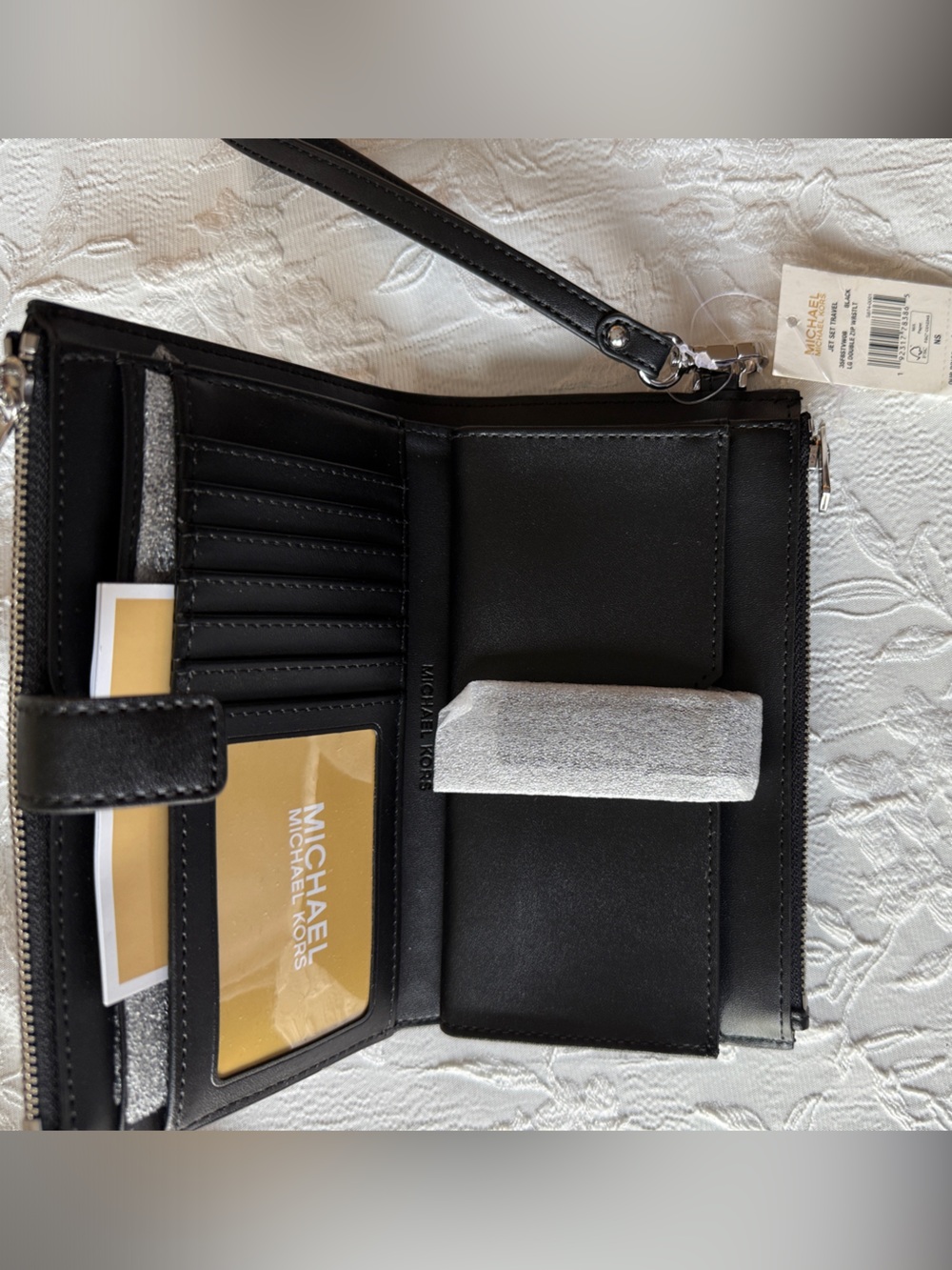 Michael Kors Black Leather Wristlet Wallet with Silver-Tone Accents